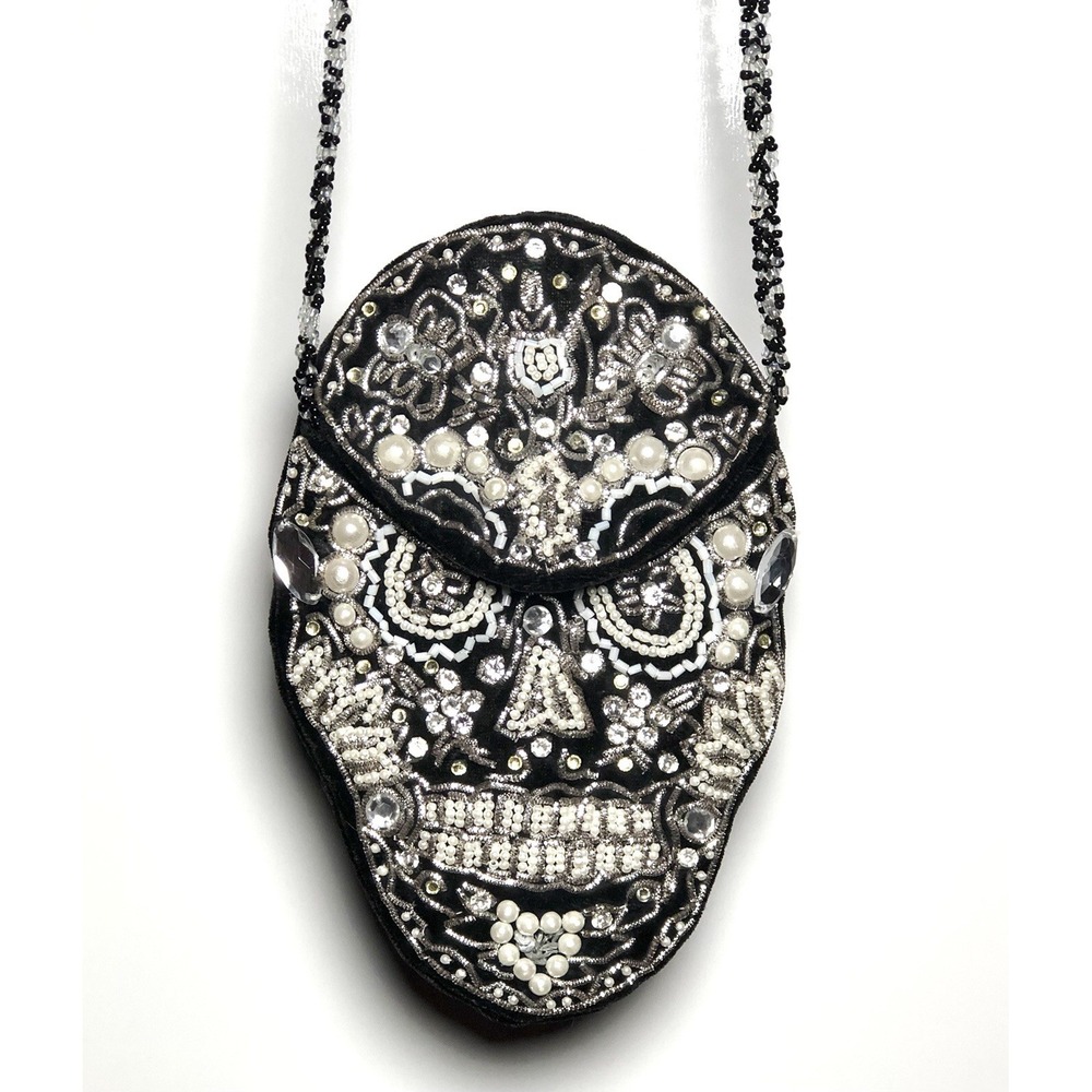 Vtg Y2K Beaded Sugar Skull Crossbody Purse Goth Witchcore Festival Bag